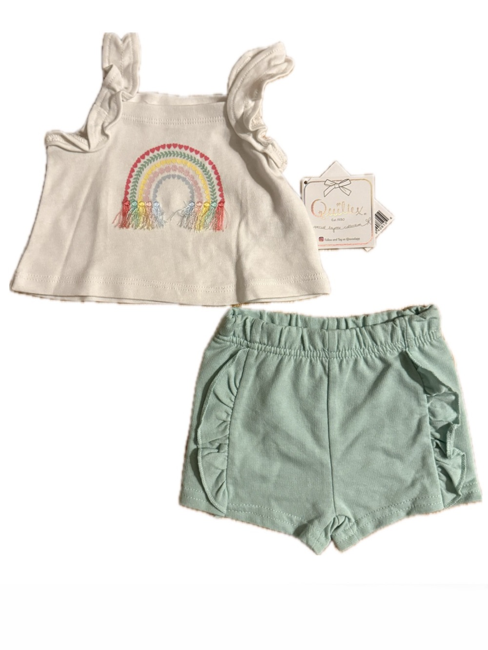 Quiltex Baby Girl Rainbow Tank Top With Mint Green Ruffle Shorts